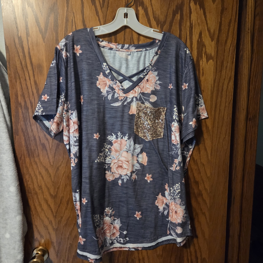 Floral V-Neck Top with Sequin Pocket